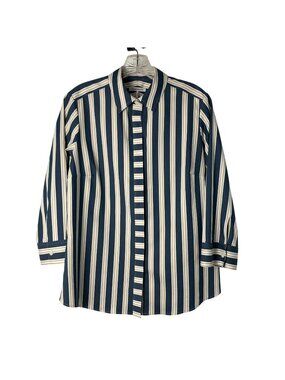 Foxcroft Blue Stripe Wrinkle Free Button Front Shirt Women's 6 Used